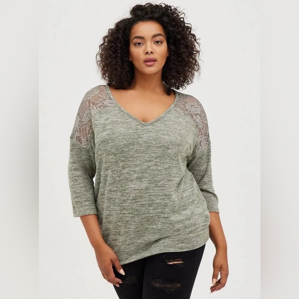 Relaxed Fit Super Soft Plush V-Neck Lace Yoke Dolman Top size 2